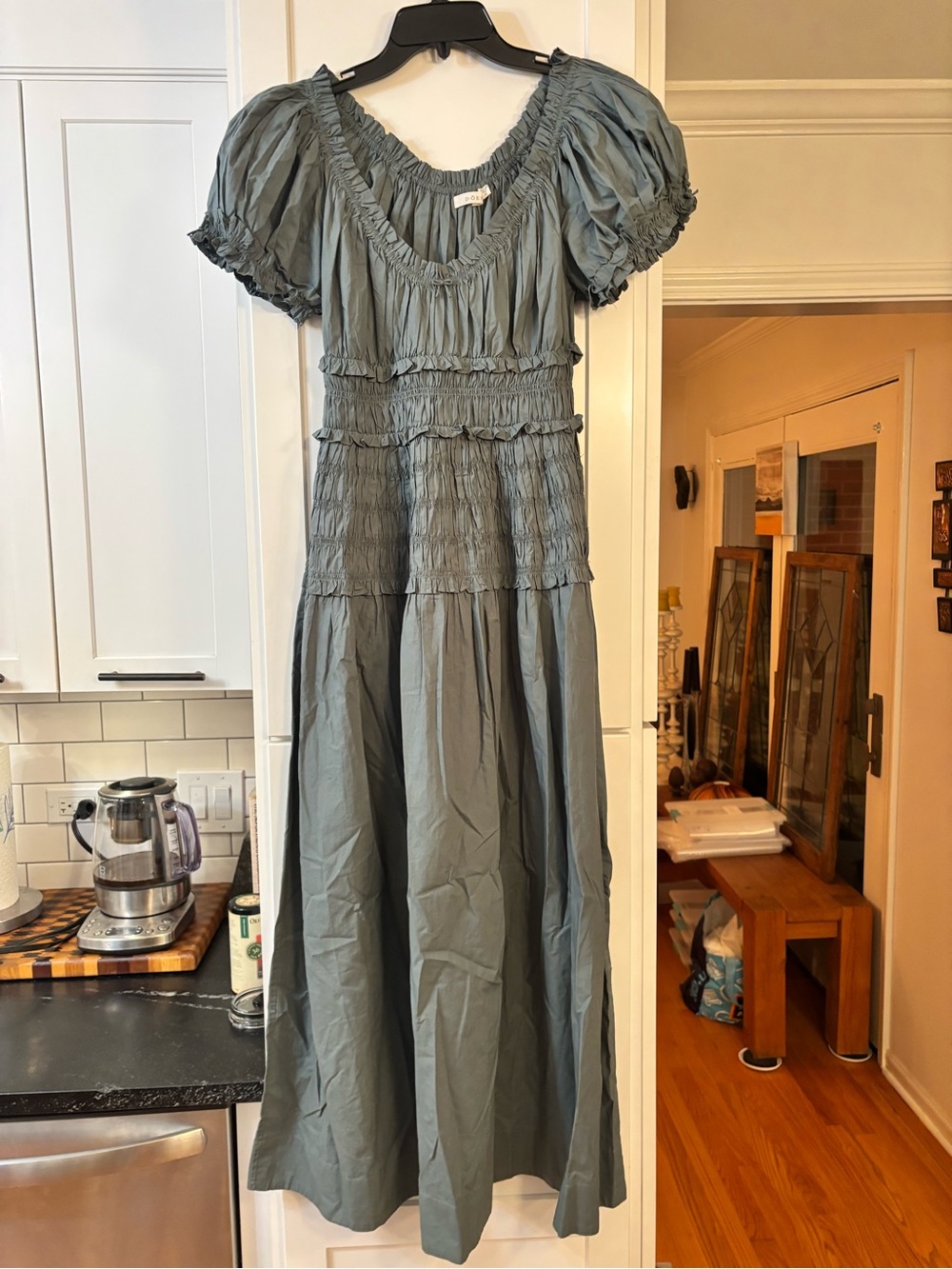 new Doen Leanne Smock Waist Tiered Organic Cotton Dress in Lagoon sea blue green - Picture 5 of 9